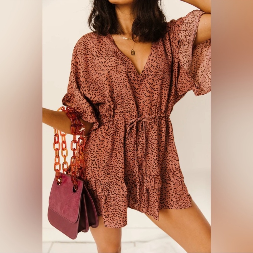 Storia Rust Mauve Animal-Print Drawstring Romper